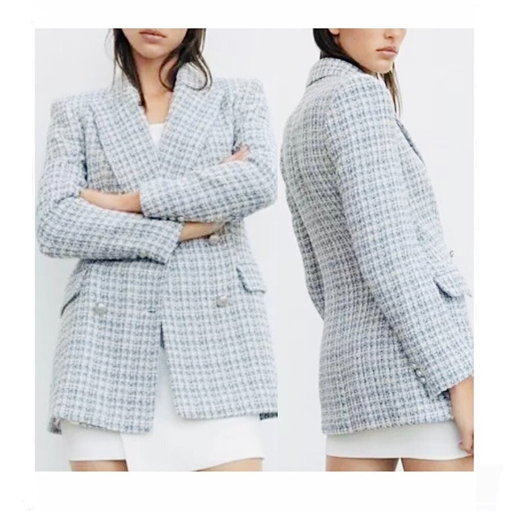 XS - Zara‎ Tweed Blue & White Textured Double Breasted Blazer Jacket